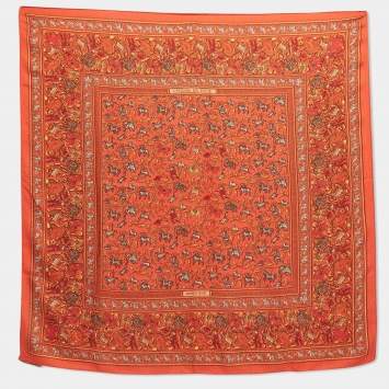 Pre Owned Hermes Orange Cashmere and Silk Chasse En Inde Scarf