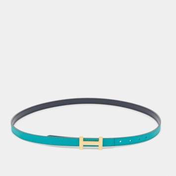 Pre Owned Hermes Vert Verone/Bleu Swift Leather Focus Buckle Reversible Belt 75 CM