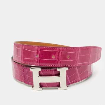 Pre Owned Hermes Rose Scheherazade Crocodile Porosus H Buckle Belt 95 CM