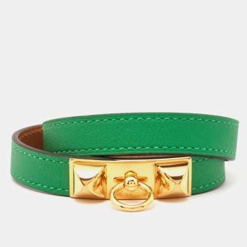 Pre Owned Hermès  Rivale Double Tour Leather Gold Plated Bracelet M