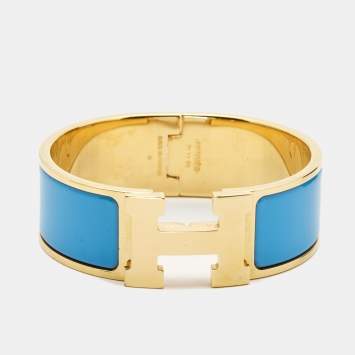 Pre Owned Hermes Clic Clac H Blue Enamel Gold Plated Bracelet