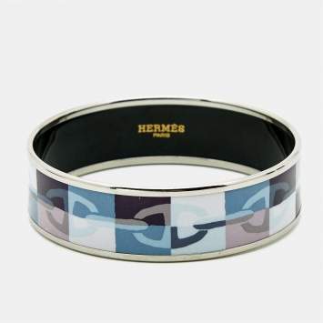 Pre Owned Hermes Optique Chain D'Ancre Printed Enamel Palladium Plated Bangle Bracelet 