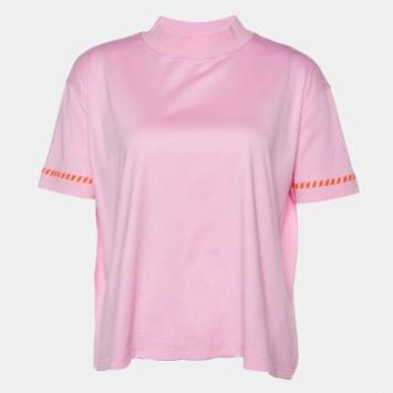 Pre Owned Hermes Pink Printed Cotton Knit High Neck T-Shirt S