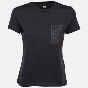 Pre Owned Hermes Black Cotton Embroidered Pocket Detailed T-Shirt S