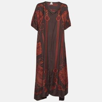Pre Owned Hermes Brown Les Tambours Print Silk Tunic Midi Dress L