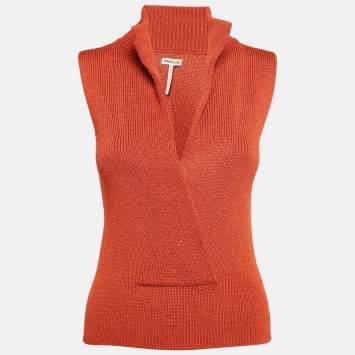 Pre Owned Hermès Orange Rib Knit Plunging Neck Sweater Vest S/M