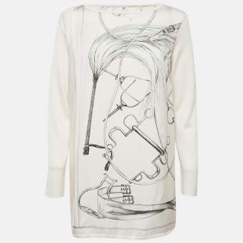 Pre Owned Hermes White Printed Silk and Knit Projets Carre au Crayon Top L