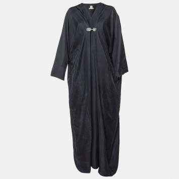 Pre Owned Hermes Black Jacquard Silk Kimono Maxi Dress M
