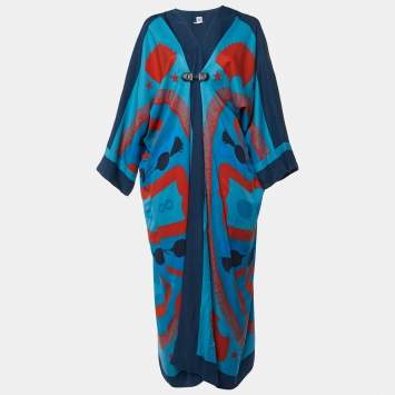 Pre Owned Hermes Blue/Multicolor Printed Silk Kimono Long Dress M