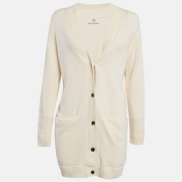 Pre Owned Hermes Cream Cashmere Button Front Long Cardigan M