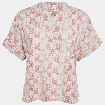 Pre Owned Hermes Grey Rope and Belt Print Jersey V-Neck T-Shirt L