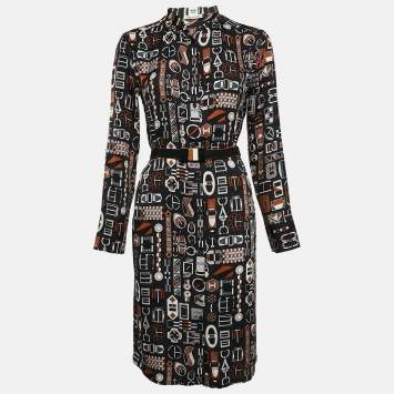Pre Owned Hermes Navy Blue Printed Silk Carré en Boucles Shirt Dress M
