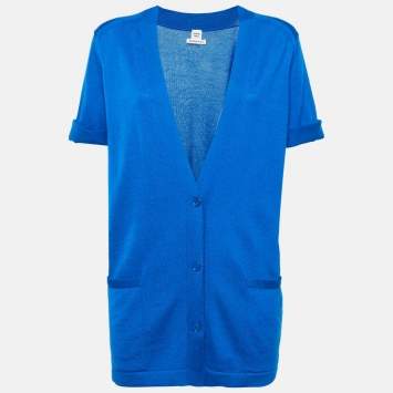 Hermes Blue Cashmere Button Front Cardigan M
