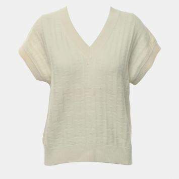 Hermes Cream Wool, Polyamide Knitted V-Neck Top IT Women 34