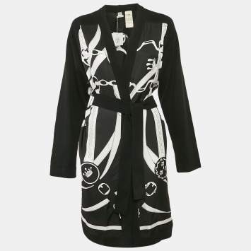 Pre Owned Hermes Black Promenade du Matin Remix Print Silk and Wool Knit Long Twillaine Cardigan M