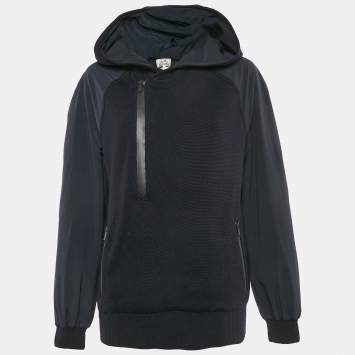 Pre Owned Hermes Navy Blue Wool Knit and Polyamide Zip-Up Hooded Jacket M