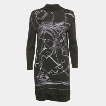 Hermes Black Printed Silk and Knit Mini Dress S