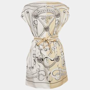 Pre Owned Hermes White/Yellow Grand Tralala Cut Print Silk Crepe Tunic M