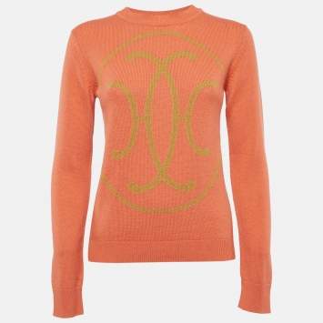 Hermes Orange Logo Patterned Knit Cashmere Crew Neck Sweater S