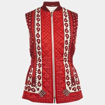 Hermes Red Printed Silk Quilted Vest S