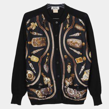 Hermes Black Wool Multicolor Silk Round Neck Cardigan Size 40