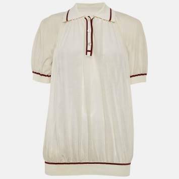 Hermes White Cotton Knit Sheer Polo Top S