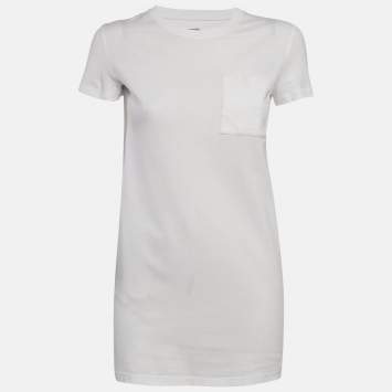 Hermès White Embroidered Pocket Jersey T-Shirt Dress S