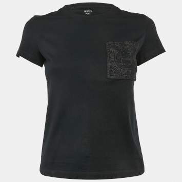 Pre Owned Hermes Black Jersey Embroidered Pocket T-Shirt S