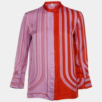 Pre Owned Hermes Purple/Orange Printed Silk Button Front Shirt S