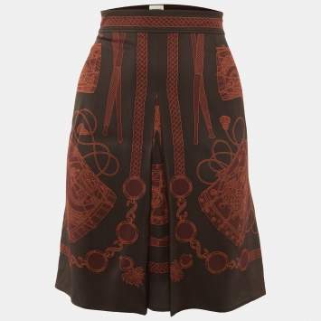 Pre Owned Hermes Dark Brown Printed Silk Pleat Detail Mini Skirt M