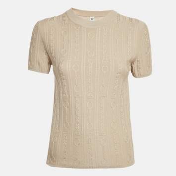 Pre Owned Hermès Beige Wool Blend Short Sleeve Kaleidoscope Effect Sweater M