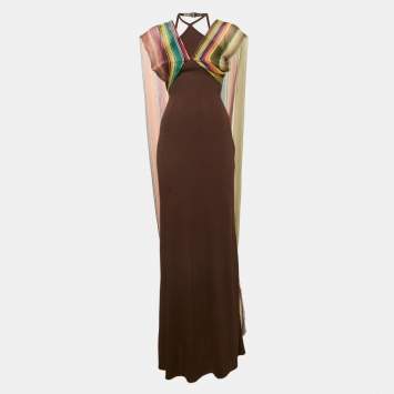 Pre Owned Hermès Brown Striped Silk and Jersey Maxi Dress M