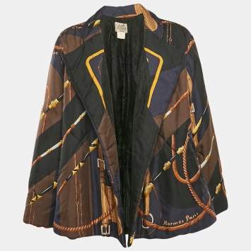 Pre Owned Hermes Navy Blue Printed Silk Padded Open Front Jacket L