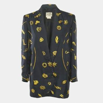 Hermès Vintage Navy Blue Scarf Print Silk Blazer L