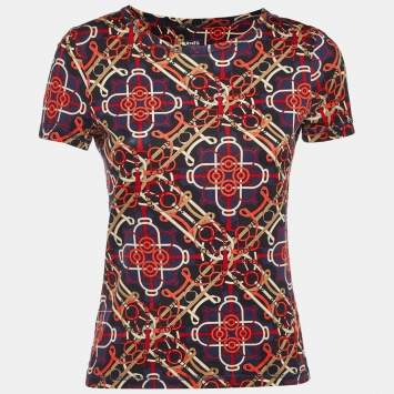 مملوكة مسبقًا Hermès Navy Blue Printed Cotton Knit T-Shirt S