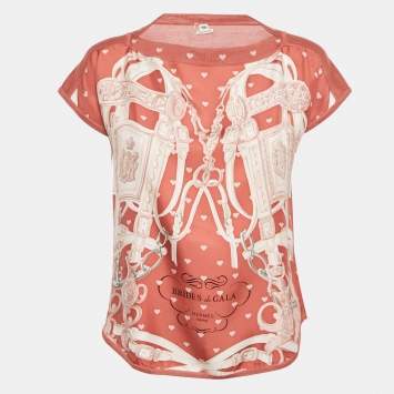 Pre Owned Hermès Pink Printed Silk and Knit Brides de Gala T-Shirt S