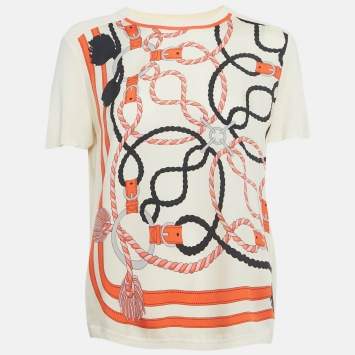 Pre Owned Hermes Cream Printed Silk & Cotton Knit Twillaine Sweater L
