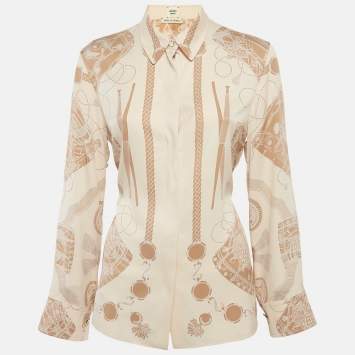 Pre Owned Hermes Beige Printed Silk Les Tambours Finesse Panel Shirt M