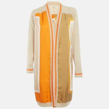 Pre Owned Hermes Beige Printed Silk and Wool Cardigan M