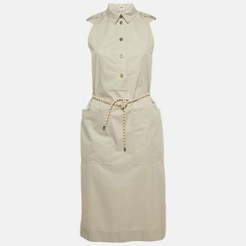 Pre Owned Hermes Grey Cotton Belted Shirt Dress S