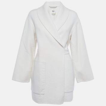 Pre Owned Hermes White Cashmere Wrap Over Mid Length Coat M