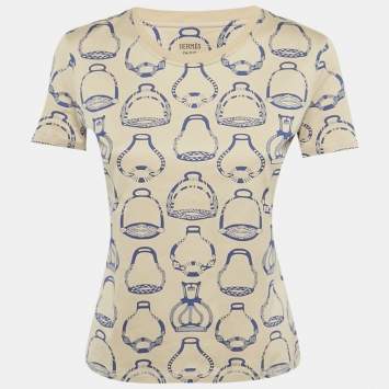 Pre Owned Hermès Beige Printed Cotton Fantaisie D'Etriers Micro T-Shirt M