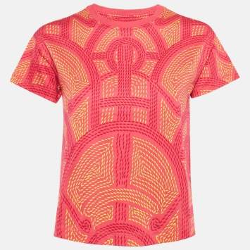 Pre Owned Hermès Pink Printed Cotton Eperon d'Or Sellier T-Shirt S