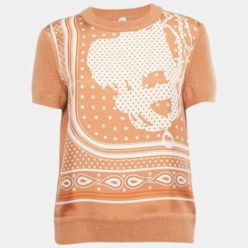 Pre Owned Hermès Brown Printed Silk and Knit Crew Neck Top L