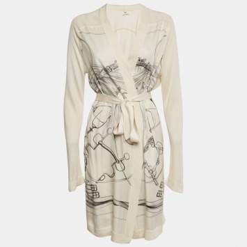 مملوكة مسبقًا Hermes Navy Beige Printed Silk and  Knit Open Front Cardigan M