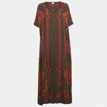 Pre Owned Hermes Brown Printed Silk Midi Dress M