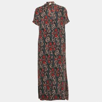 Pre Owned Hermes Grey Printed Silk Neck Tie Midi Dress M