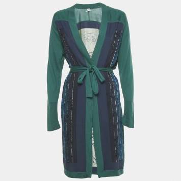Pre Owned Hermès Green Printed Cashmere and Silk Open Front Cardigan M