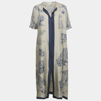 Pre Owned Hermes Grey/Navy Blue Printed Silk Kimmo Midi Dress M