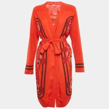Pre Owned Hermès Red Printed Silk and Knit Belted Cardigan L
